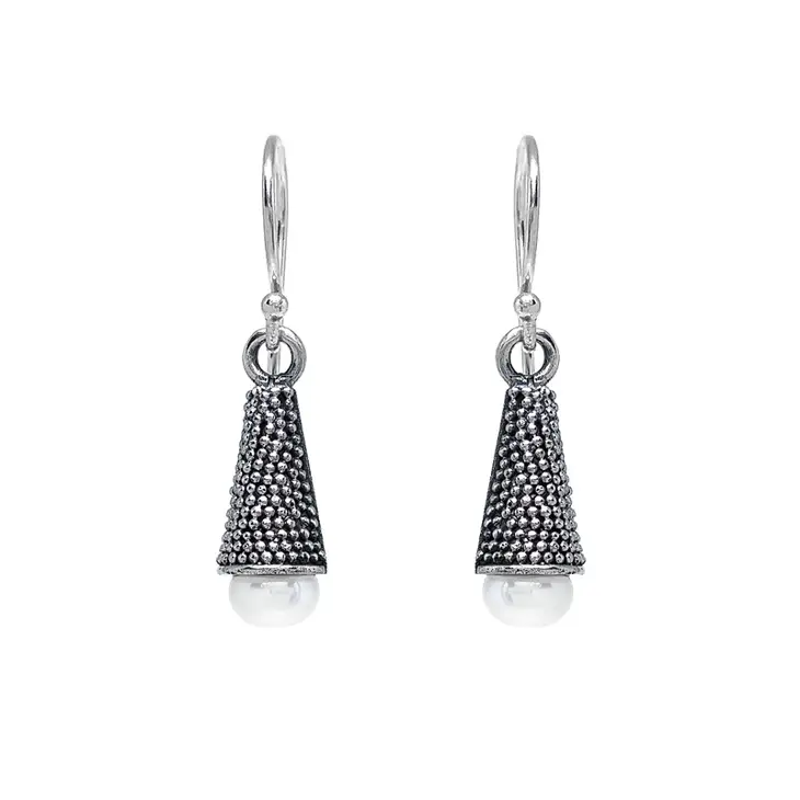 Sterling silver cone and white fresh water pearl earrings