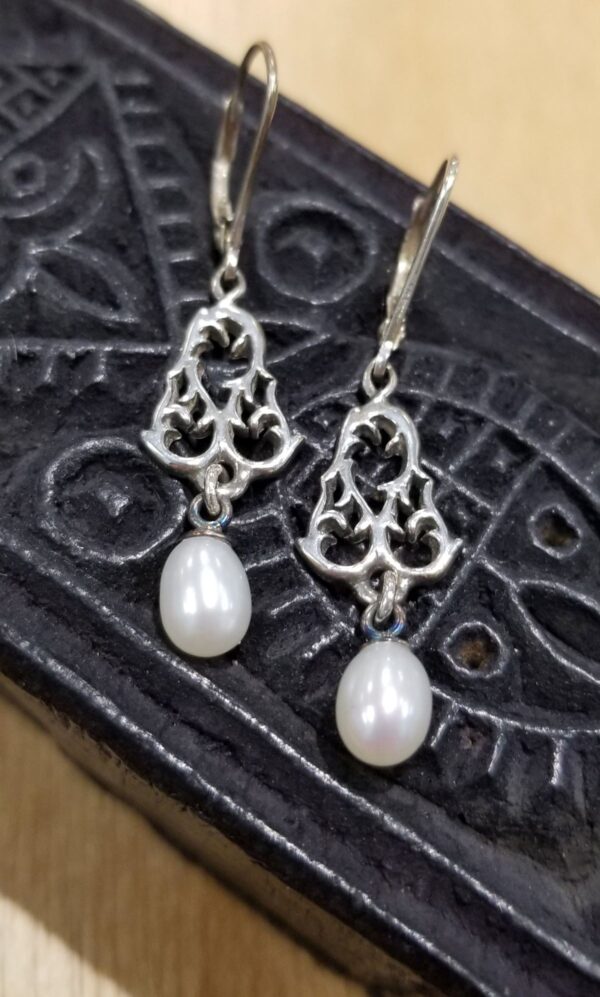 white fresh water pearl and sterling silver filigree earrings