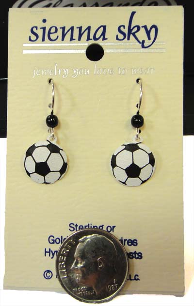 soccer ball earrings with dime for scale