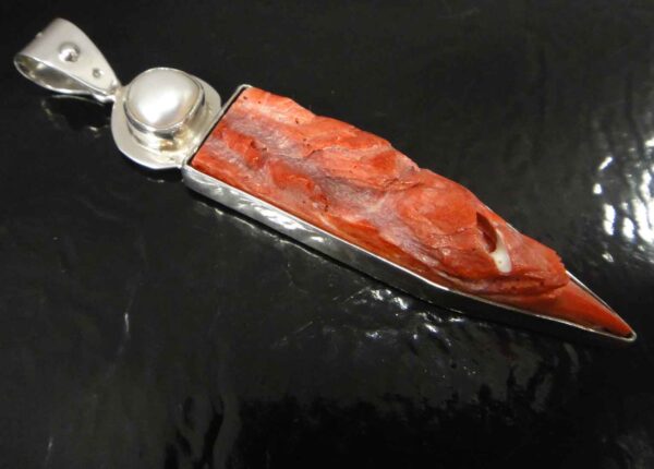 handmade red spiny oyster shell, pearl and sterling silver pendant