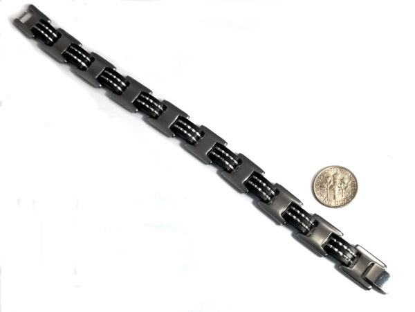 black and stainless steel bracelet with dime to help gauge size