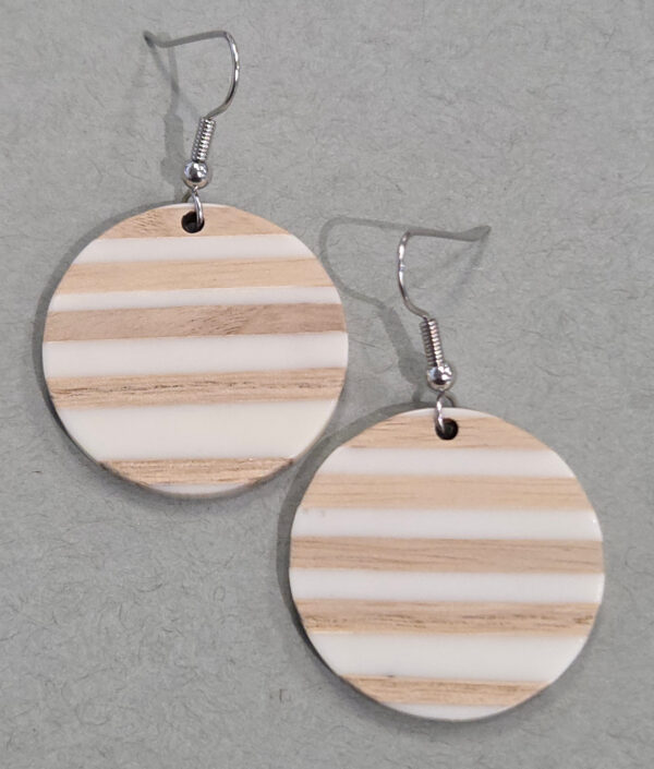 wood and white striped earrings