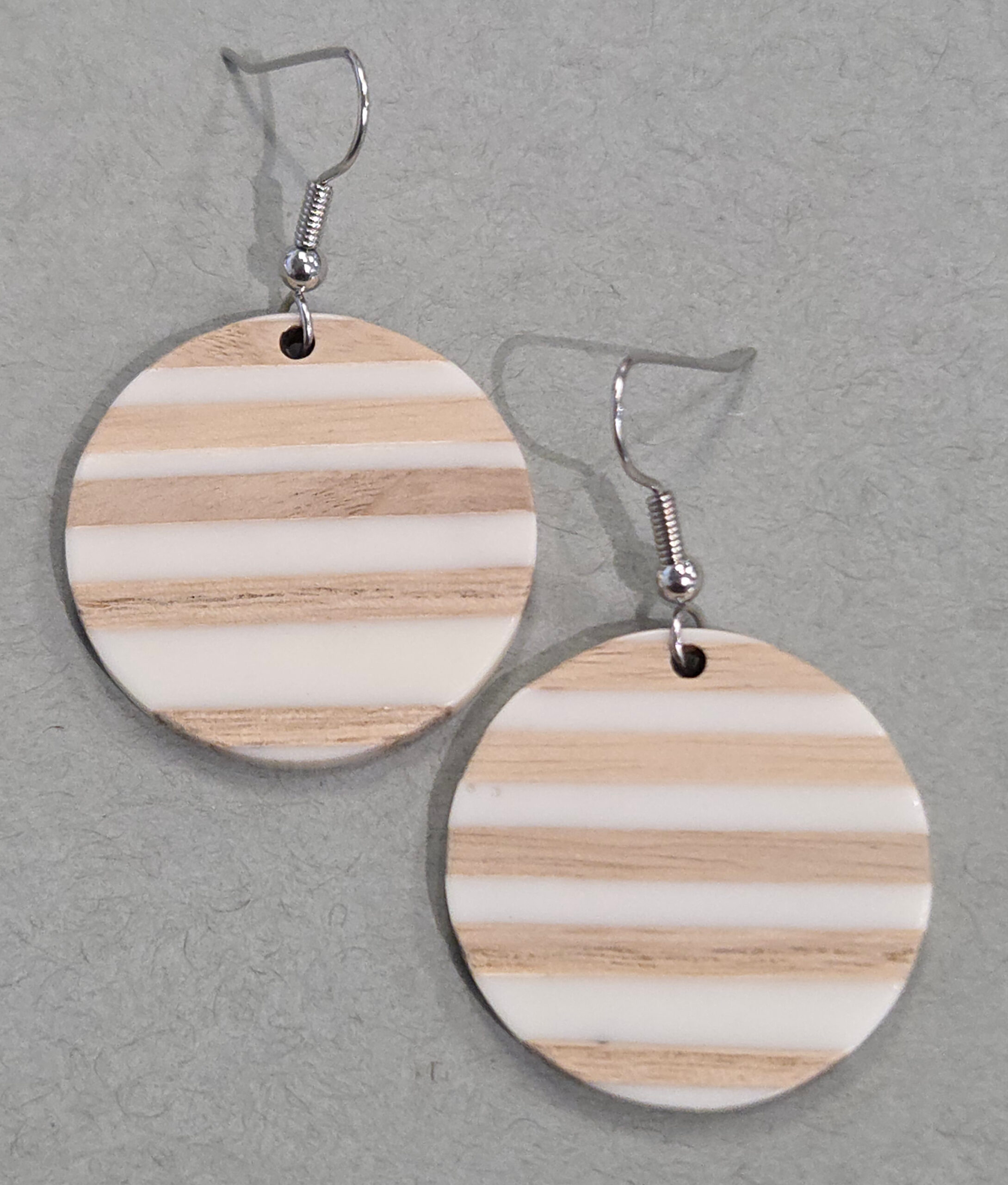 wood and white striped earrings