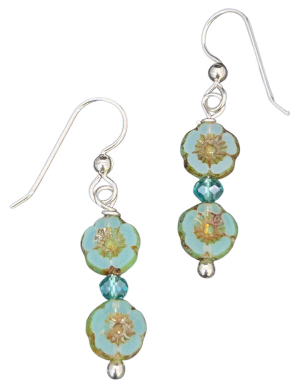 Czech glass teal flower earrings with sterling silver ear-wires