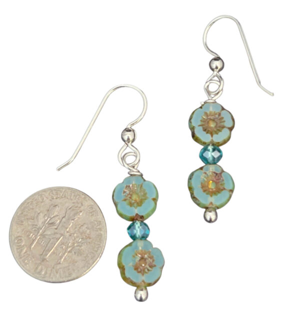Czech glass teal flower earrings with dime for size comparison