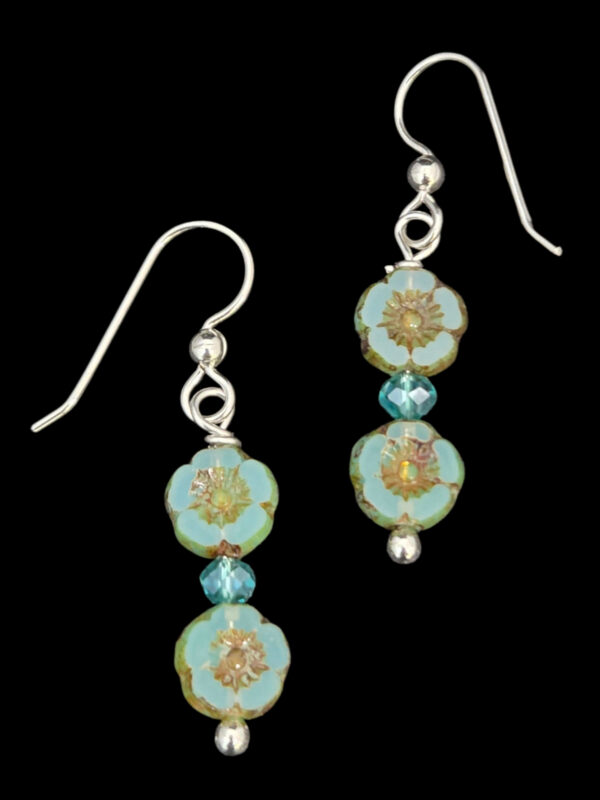 Czech glass teal flower earrings with sterling silver ear-wires