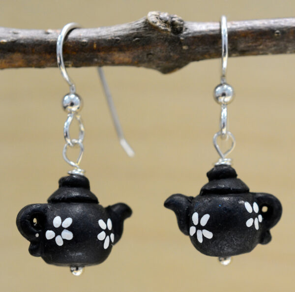 Ceramic black flower teapot earrings
