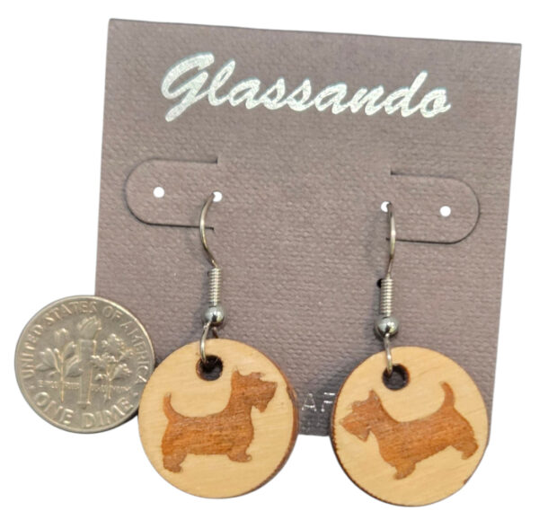 Scottie dog earrings with dime for size comparison