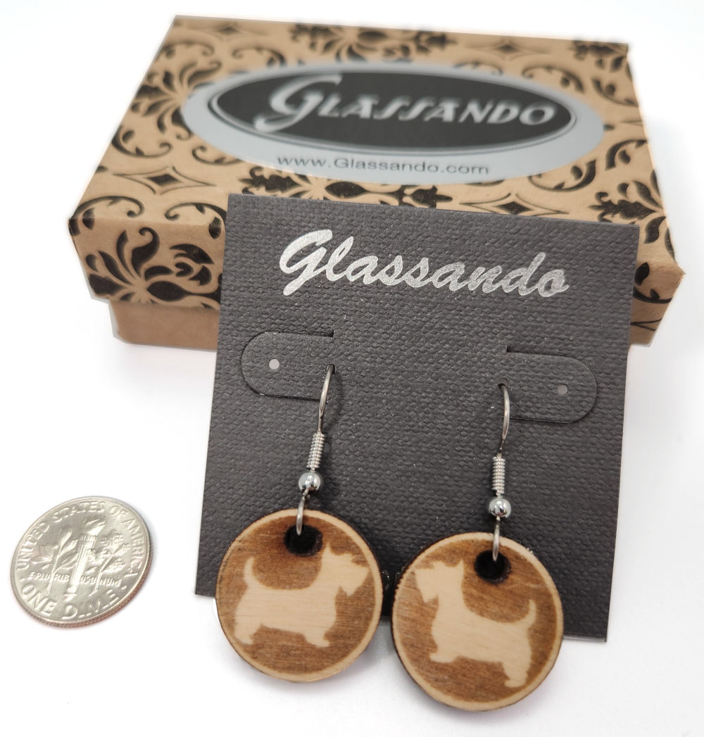 Scottish Terrier wooden dog earrings with dime for size comparison