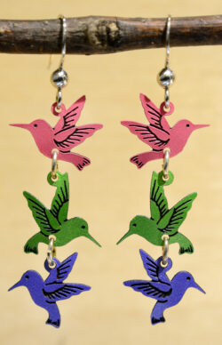 pink, green and blue hummingbird dangle earrings
