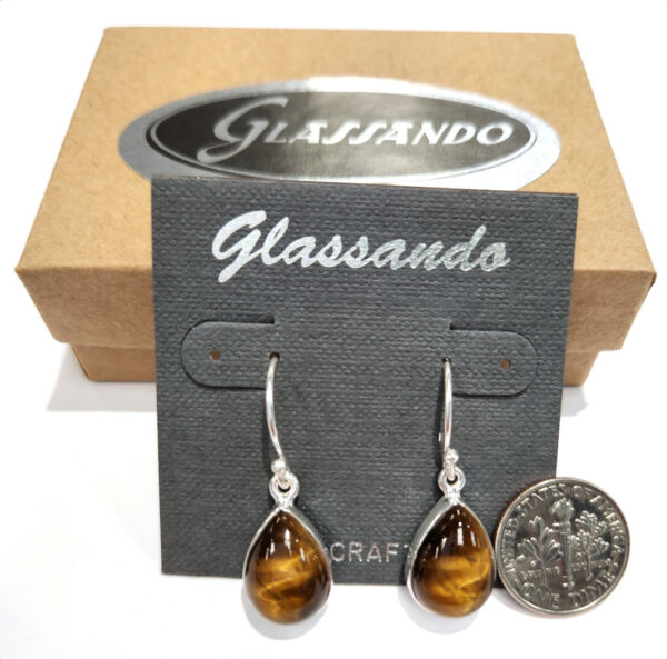 Tiger's eye gemstone drop earrings with dime for size comparison
