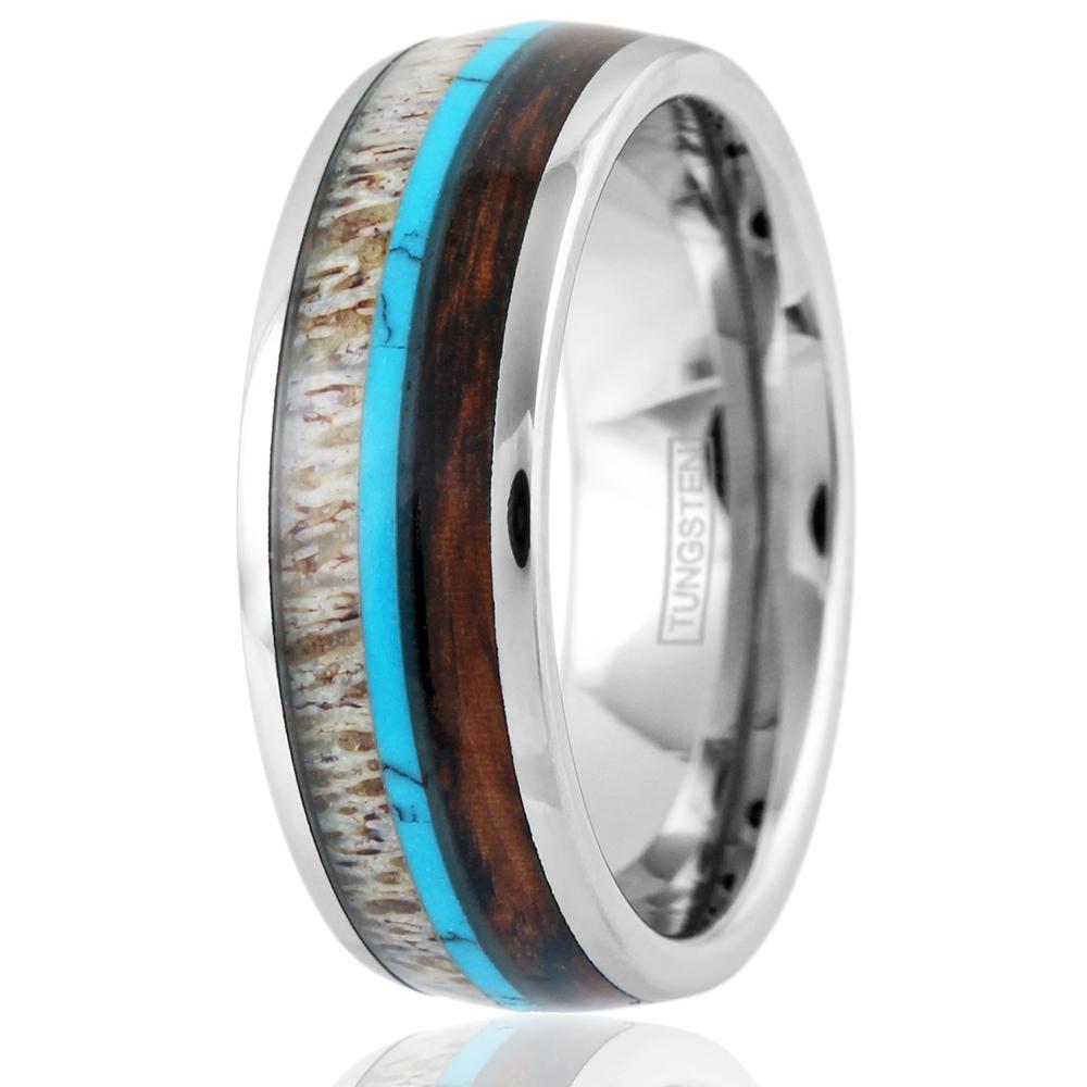 JEWELRY 8mm Tungsten Wedding Ring Koa Wood Antler Turquoise Inlay J36 