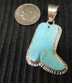 turquoise and sterling silver cowboy boot pendant with dime for scale