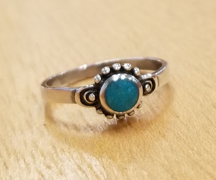 Turquoise circle stone with silver dots handmade ring in size 6