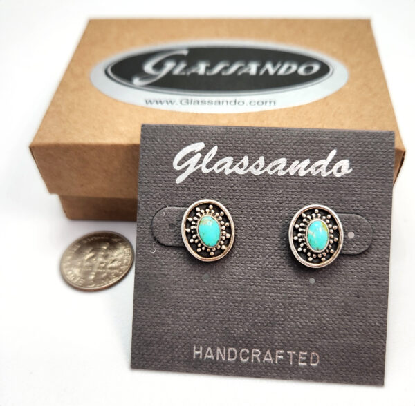 turquoise and sterling silver stud earrings with gift box and dime to show scale