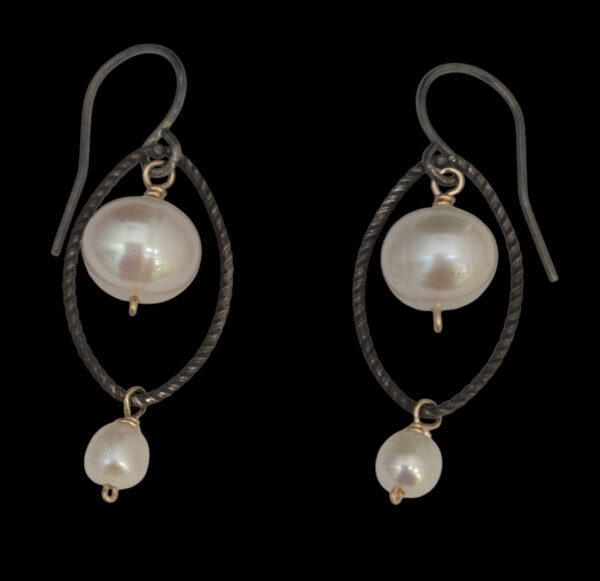 double pearl and oxidized sterling silver earrings