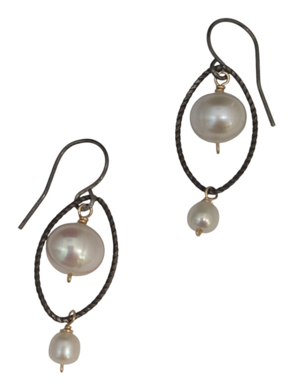 double pearl and oxidized sterling silver earrings