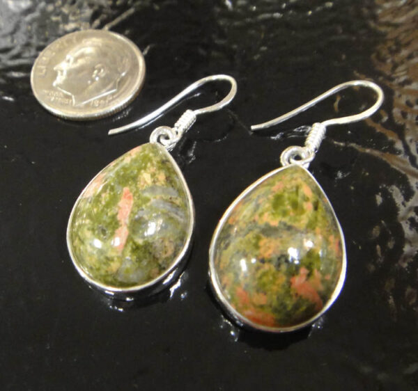 handmade unakite and sterling silver earrings with dime for size
