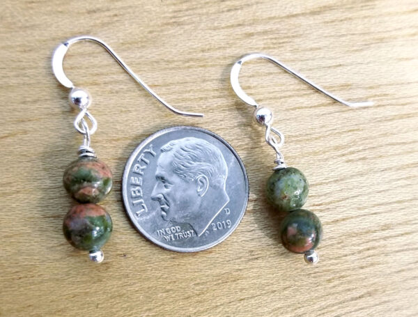 unakite earrings with dime for scale