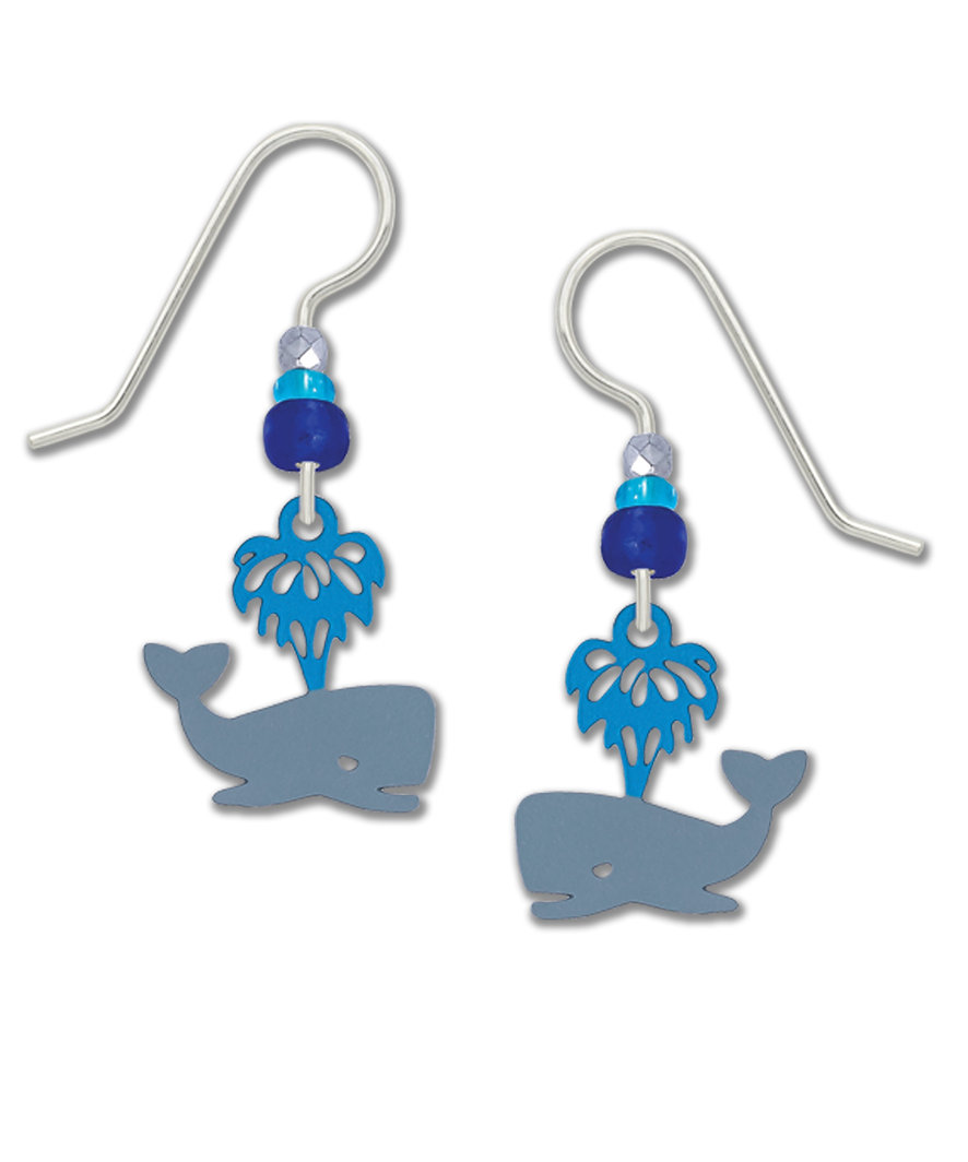 whale earrings featuring a gray whale with a blue waterspout
