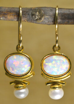 Sierra Designs white opal, white freshwater pearl, and 14k gold vermeil drop earrings