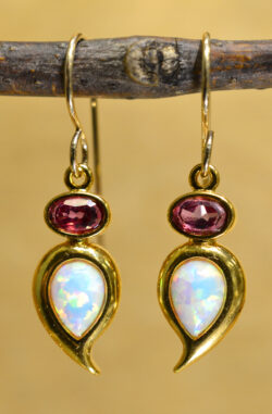 white opal, pink topaz, 14k white gold dangle earrings by Sierra Designs