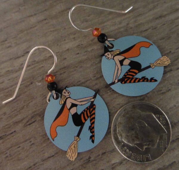 Halloween witch on broom earrings with dime to show scale