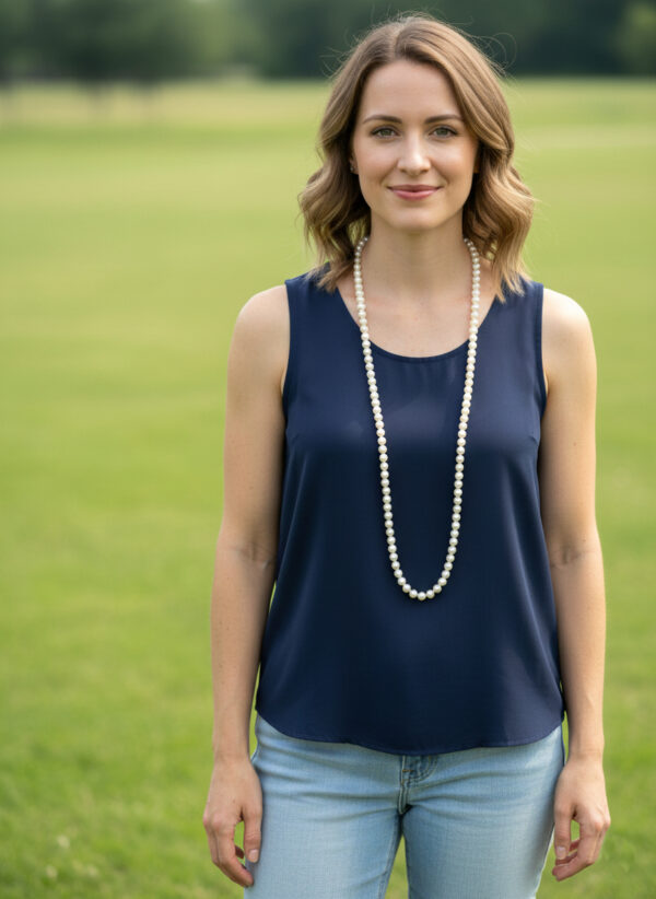 long pearl necklace on woman