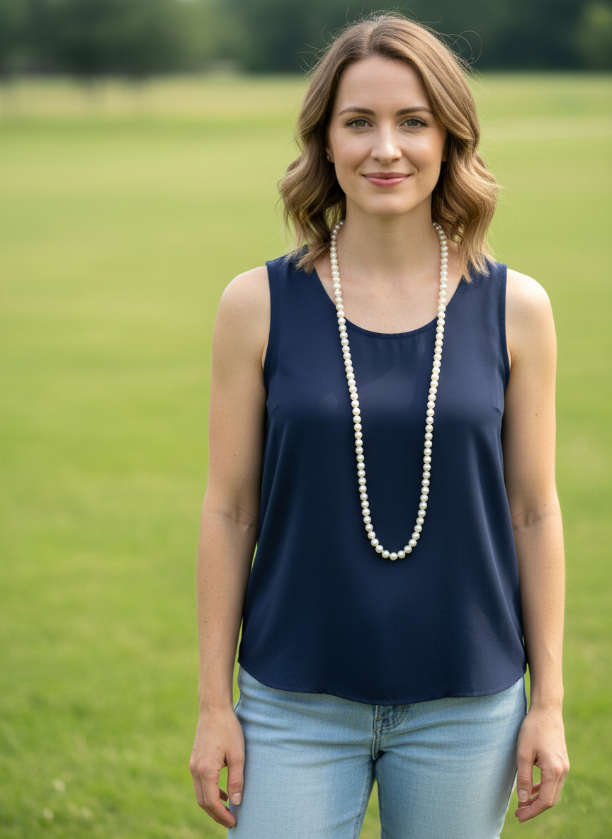 long pearl necklace on woman