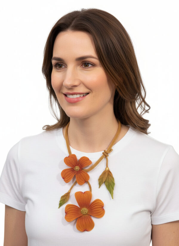 double dogwood flower necklace on woman