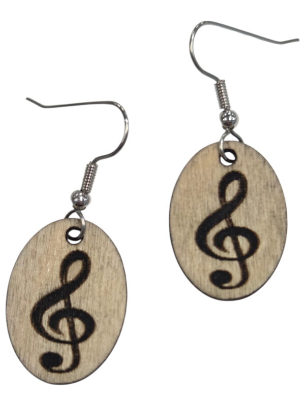 wooden treble clef earrings with stainless steel earwires