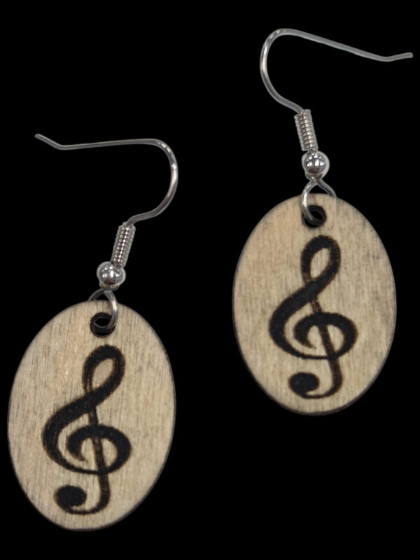 wooden treble clef earrings with stainless steel earwires