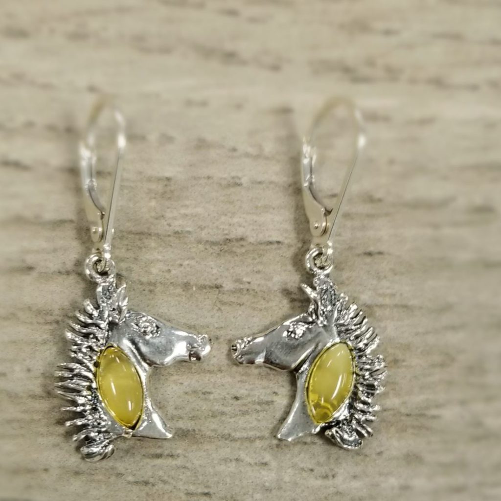 Yellow Butterscotch amber and sterling silver horse head earrings Jewelry by Glassando