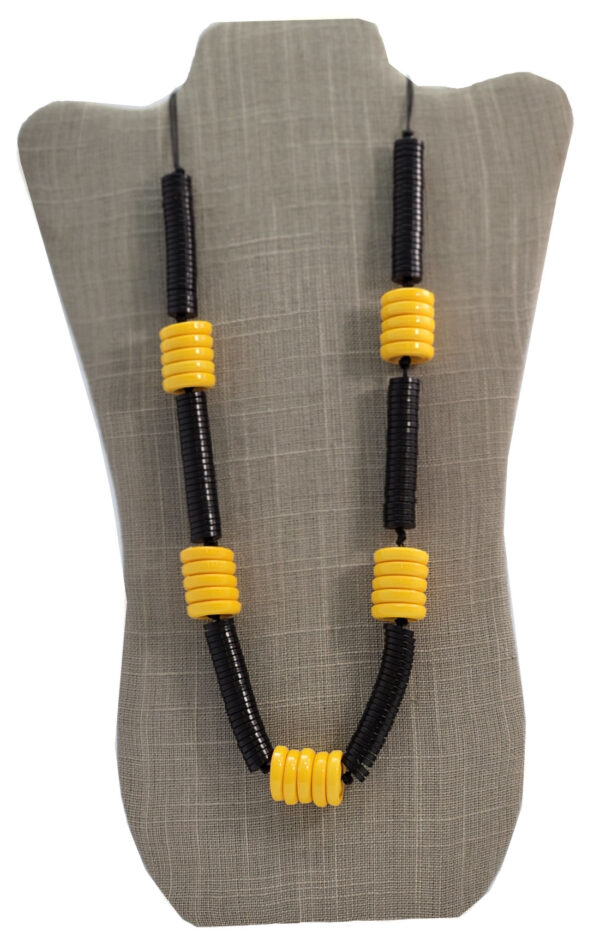 yellow and black repurposed hand dyed vintage button necklace