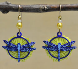 yellow flower and blue dragonfly dangle earrings