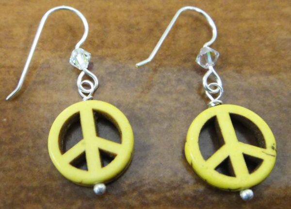 yellow peace sign, swaroski crystal beads, and sterling silver earrings handmade in Iowa City