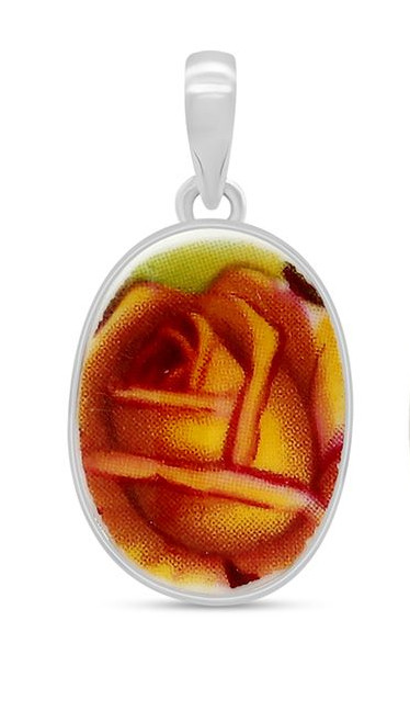 ceramic yellow rose and sterling silver oval pendant